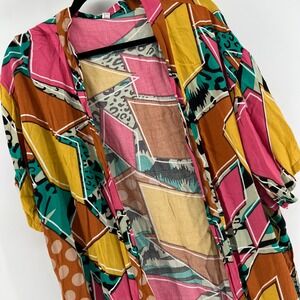 Geometric Print Kimono Duster Jacket Pink Yellow Brown Bold Statement‎ one size